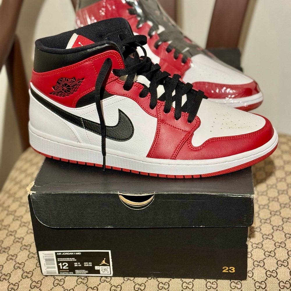 Nike Air Jordan 1 Mid Chicago Red and White Sneakers